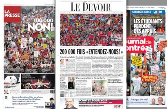 Première page des trois principaux journaux du Québec au lendemain de la manifestation historique contre la hausse des frais de scolarité... trois points de vue COMPÈTEMENT différents. Première page des trois principaux journaux du Québec au lendemain de la manifestation historique contre la hausse des frais de scolarité... trois points de vue COMPÈTEMENT différents. Dans un angle démocratique, que devons-nous y comprendre?
