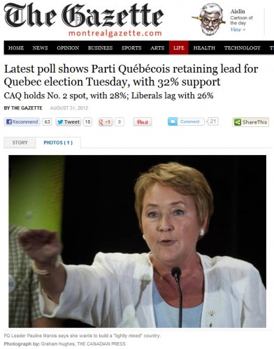 Photo de Pauline Marois choisie par The Gazette pour mettre en première page
