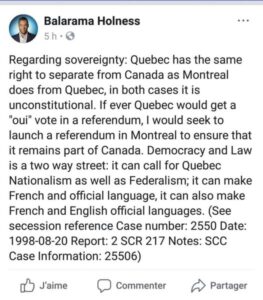 Statut Facebook de Balarama Holness