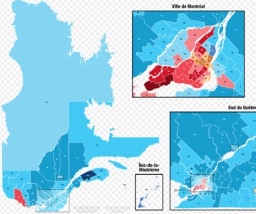 Résultats de l'élection provinciale du Québec de 2022, indiquant le nombre de votes du parti gagnant dans chacune des 125 circonscriptions uninominales de la province.