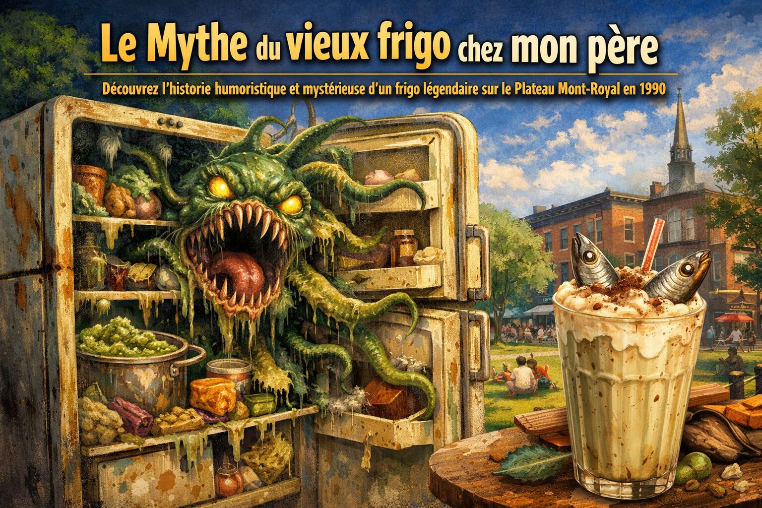 En 1990, vivant sur le Plateau, le vieux frigo de ma grand-mère devenait notre galerie d'art culinaire. Mon père y créait des plats uniques, dont le fameux "Touski". Un jour, mon ami Gaston a affronté ce frigo légendaire, finissant par une rencontre terrifiante avec une créature mystérieuse. Cette aventure, marquée par l'humour et le mystère, a inspiré ma passion pour des recettes audacieuses, comme mon spaghetti amélioré aux cœurs de poulet.