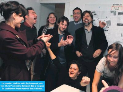 Équipe de Projet Montréal célébrant les premiers résultats électoraux lors de la soirée du 1er novembre 2009 dans le Plateau-Mont-Royal.