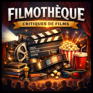 Filmothèque de Carl Boileau Illustration d’une filmothèque de critiques de films avec clap de cinéma, pellicule, projecteur et ambiance de salle de cinéma.