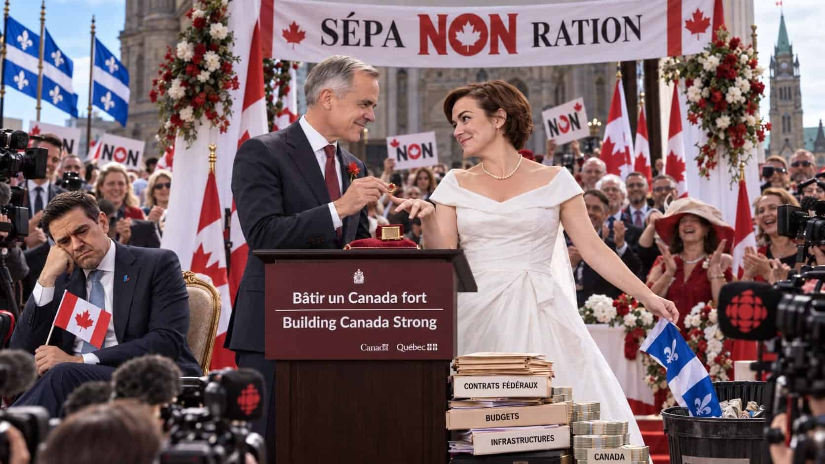 Montage satirique montrant Mark Carney passant une alliance à Christine Fréchette devant le Parlement canadien.