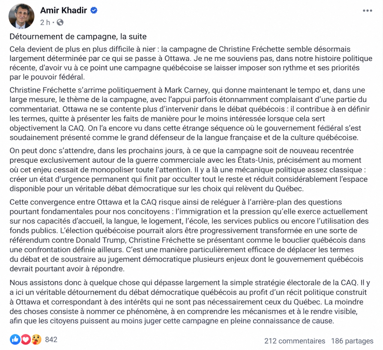 Montage fictif d’un statut Facebook attribué à Amir Khadir, créé pour une expérience sur les biais partisans. Amir Khadir n’a jamais publié ce texte.